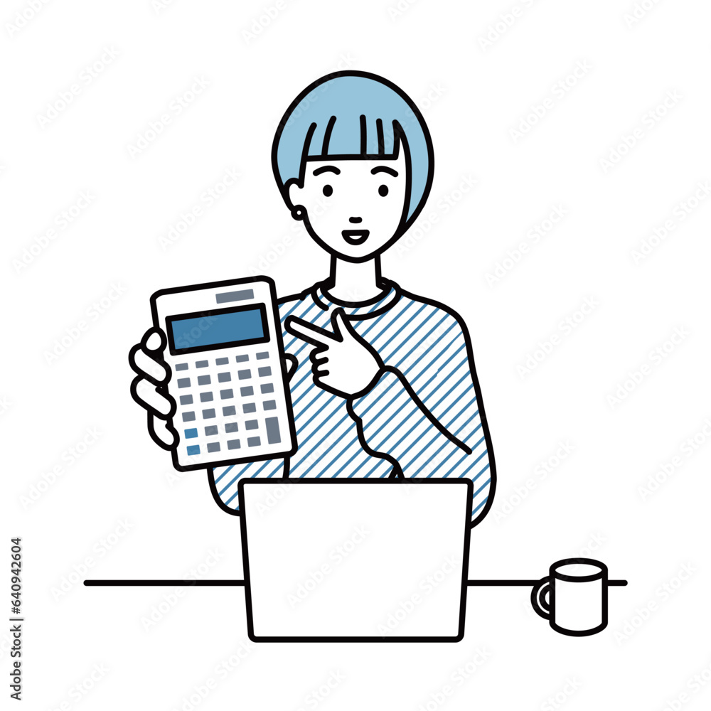 a woman in casual style recommending, proposing, showing and pointing a calculator with a smile in front of laptop pc a woman in casual style recommending, proposing, showing and pointing a calculator with a smile in front of laptop pc
