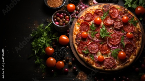 A delicious fresh pizza with space to the side and a dark background. Generative AI. 