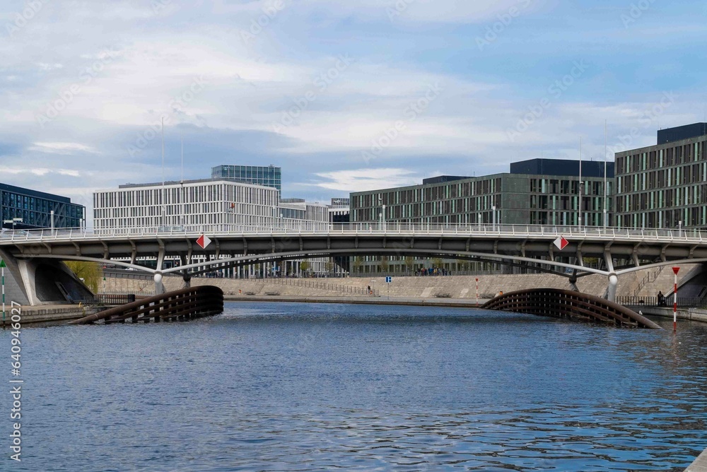 Berlin, Germany: April 20, 2022: Modern administrative buildings and spree river museum island
