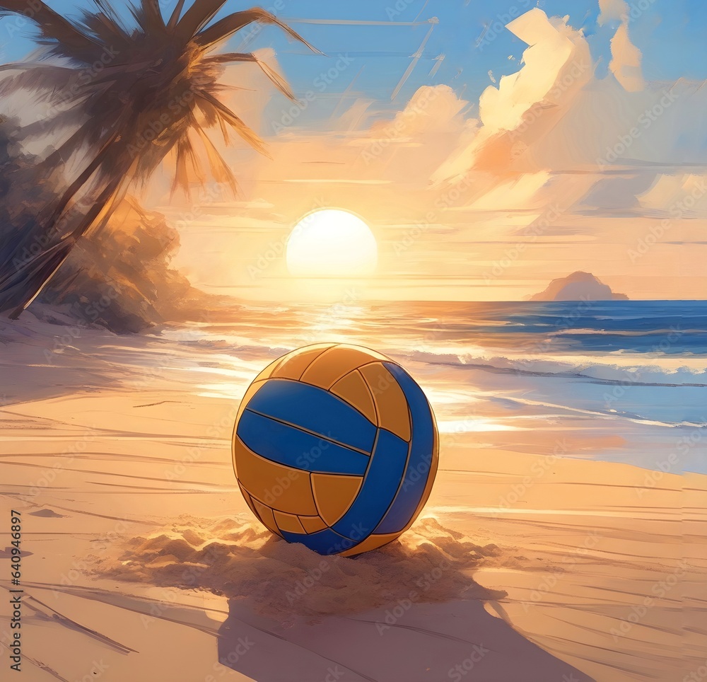 Volley ball. Beautiful illustration on the Brazilian coastline, beautiful sunset. Digital art on sunrise on an amazing beach vacation. Drawing of sand, clouds and sea.