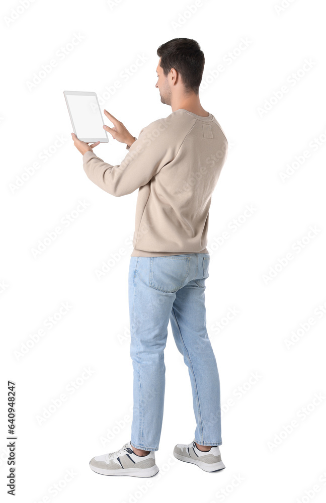 Man using tablet with blank screen on white background Man using tablet with blank screen on white background