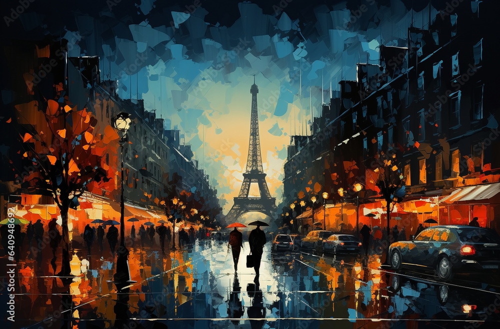 evening rain in paris  city ,romantic people walk with umbrellas ,car traffic blurred light on window,Autumn season ,impressionism art painting  - obrazy, fototapety, plakaty 