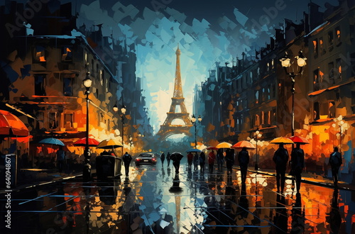 evening rain in paris city ,romantic people walk with umbrellas ,car traffic blurred light on window,Autumn season ,impressionism art painting 
