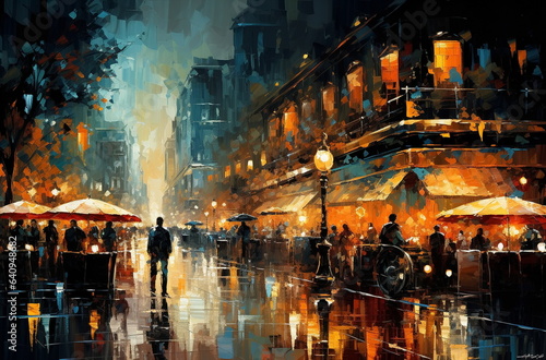 evening rain in paris  city  romantic people walk with umbrellas  car traffic blurred light on window Autumn season  impressionism art painting 