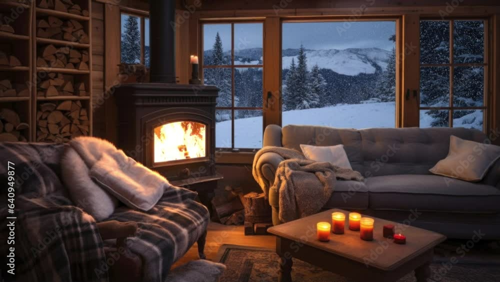 Cozy living room of a winter cabin with a lit fireplace warm throw blankets and depth of cold winter snow outside the window animated virtual backgrounds, stream overlay loop wallpaper