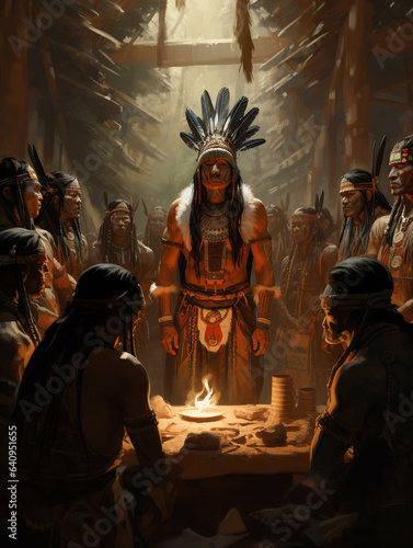 An Illustration of a Native American Gathering with Exaggerated Tribal Elements