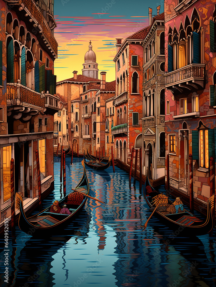 Fototapeta premium An Illustration of a Venetian Gondola Ride with Layered Canals and Buildings