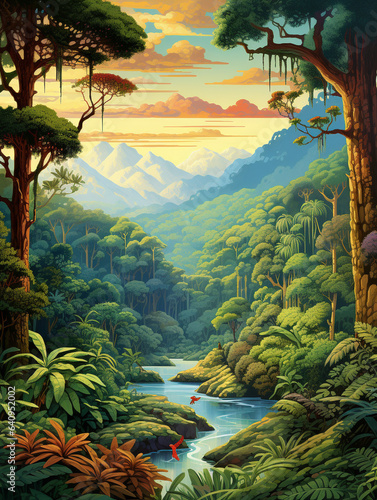An Illustration of a South American Rainforest with Large Wildlife and Trees