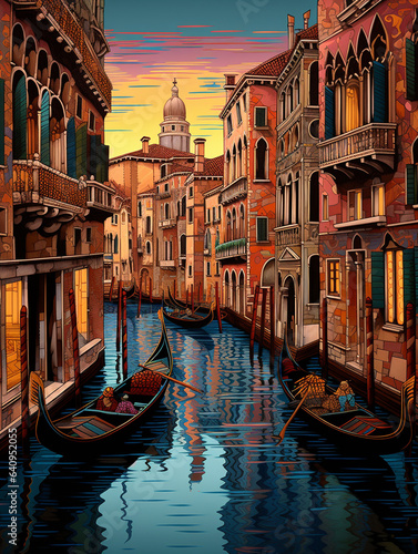 An Illustration of a Venetian Gondola Ride with Layered Canals and Buildings