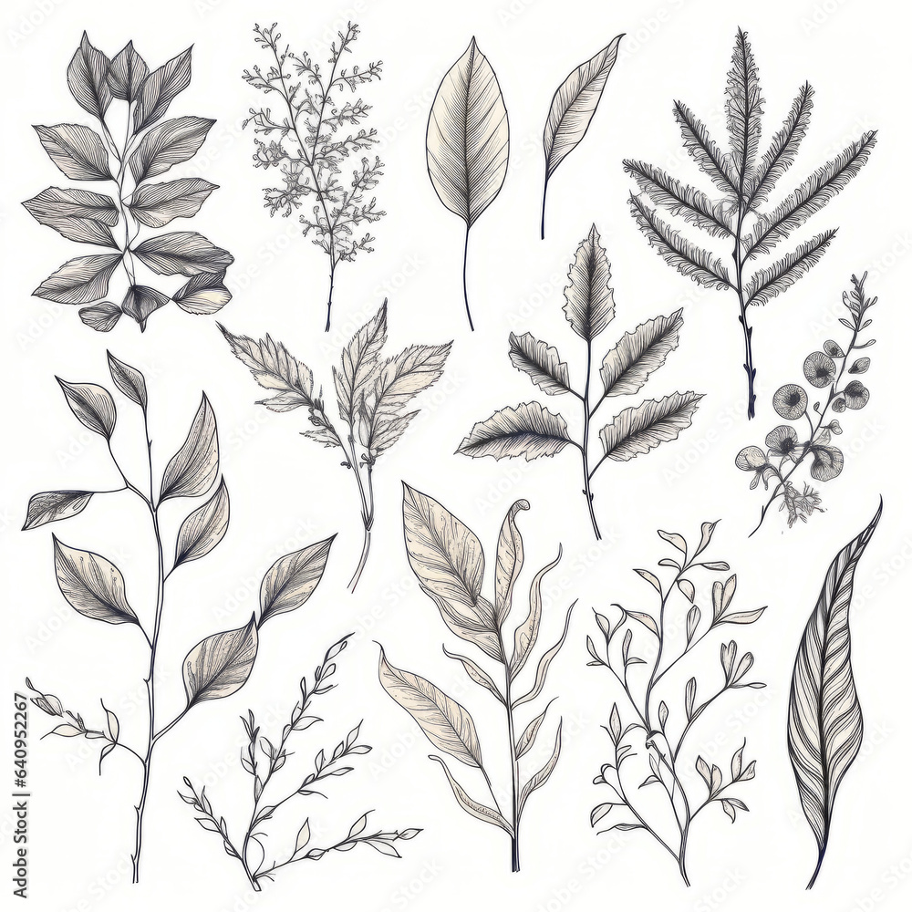 Leaves, twigs, and flowers line art Leaves, twigs, and flowers line art