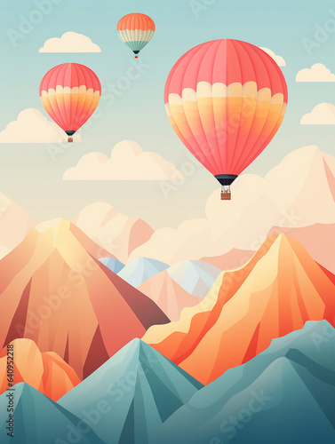 An Illustration of Colorful Hot Air Balloons Floating Over Grainy Mountain Peaks