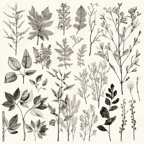 Leaves, twigs, and flowers line art 