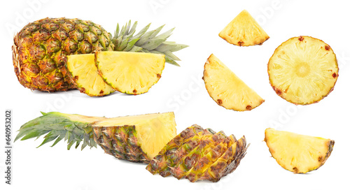 Set with cut and whole pineapples isolated on white