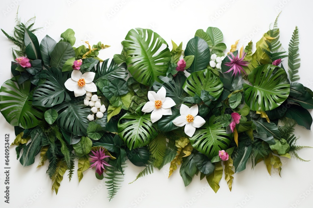 Tropical Leafs mixed with Colorful Flowers on a White Background easy to Cutoff. Tropical Leafs mixed with Colorful Flowers on a White Background easy to Cutoff.