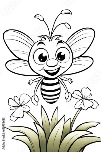 Kids painting template  cute cartoon insect figure among plants. Ideal for coloring by young children. PNG