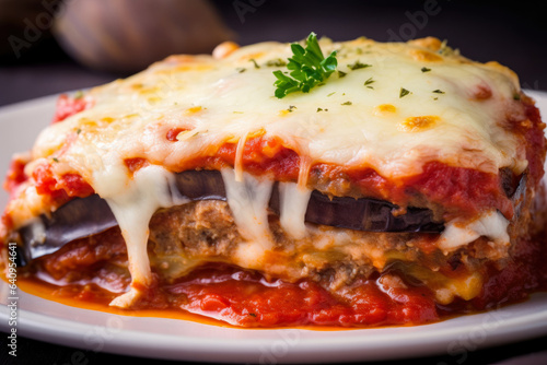 Hearty Eggplant Parmesan: Golden Brown Crust, Layers of Tomato Sauce, and Melted Cheese create a delicious, savory, and wholesome vegetarian Italian meal