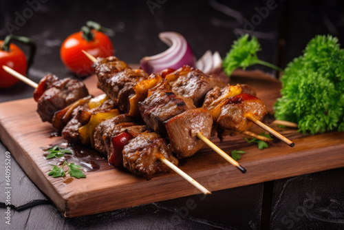 A delicious skewer of spicy kebab featuring succulent meat and tasty onions, perfect for a mouthwatering feast