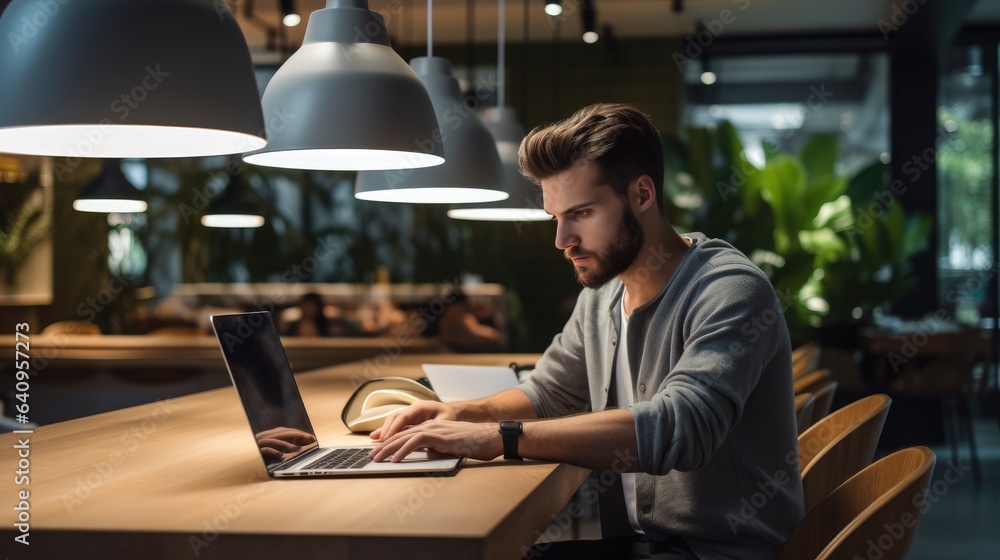 Young male digital designer working on a project in a coworking space. Generative AI Young male digital designer working on a project in a coworking space. Generative AI