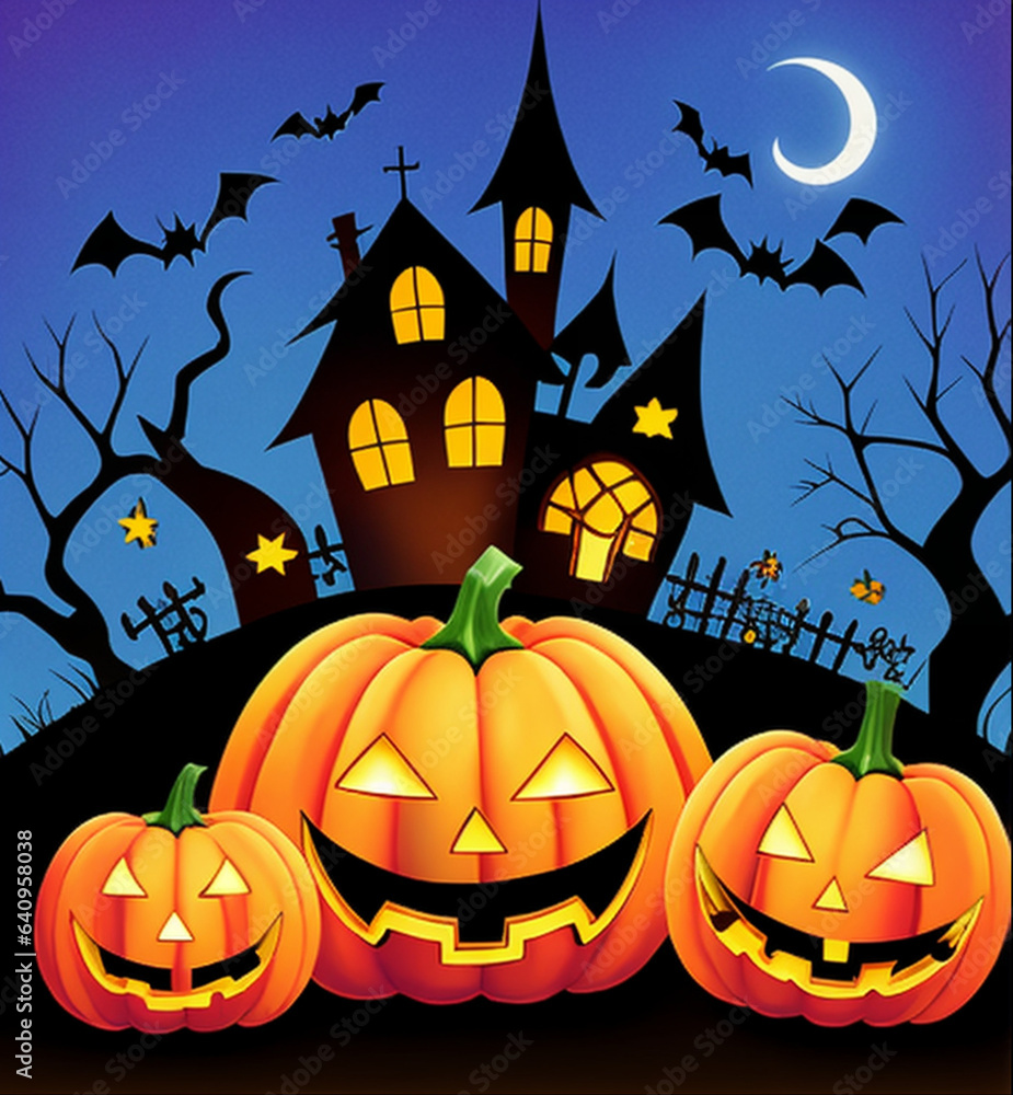 Halloween party card template - spooky castle, dead trees, full moon on orange background, AI generated