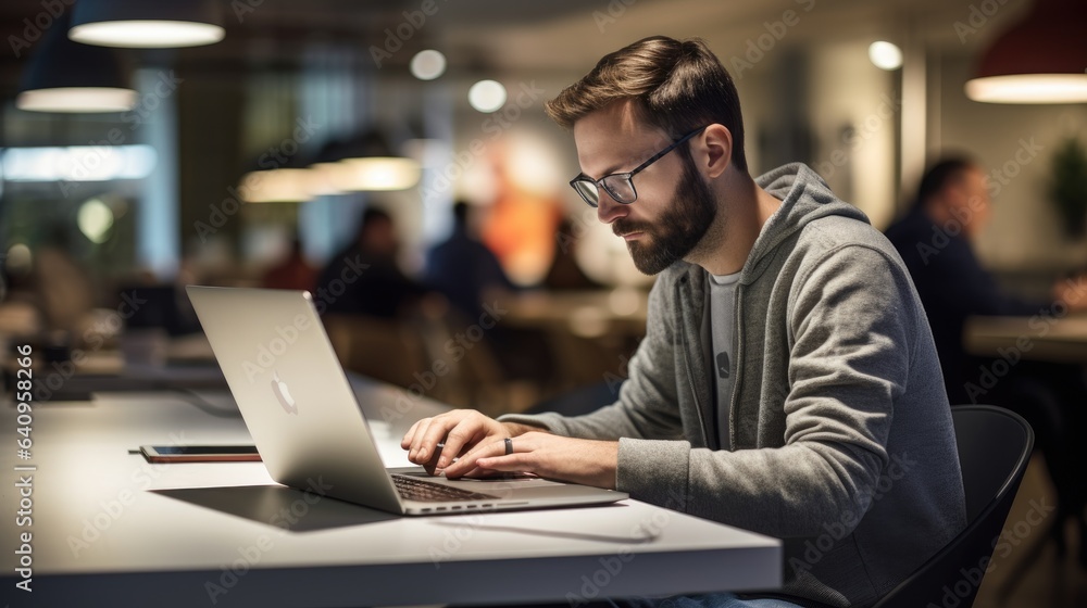 Young male digital designer working on a project in a coworking space. Generative AI Young male digital designer working on a project in a coworking space. Generative AI