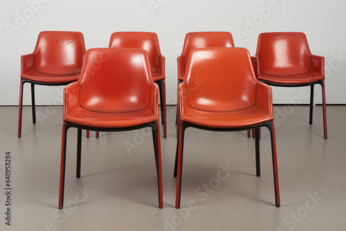 Six red chairs arranged in two rows. The chairs are made of red leather and have a curved backrest and armrests, with black metal legs