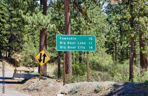 The Fawnskin, Big Bear Lake and Big Bear City roadside sign. 