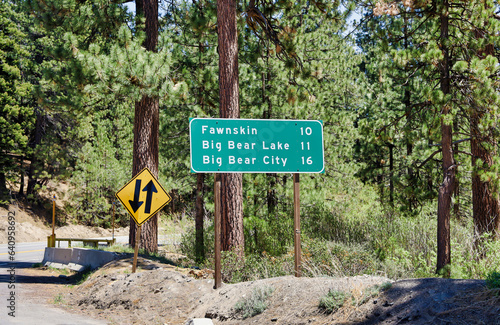 The Fawnskin, Big Bear Lake and Big Bear City roadside sign.
 photo