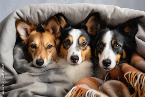sticker Cartoon character of A group of dogs cuddled up together in a cozy blanket fort © waranyu