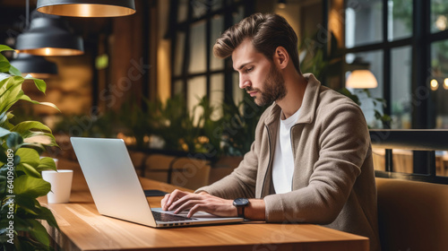 Young male digital designer working on a project in a coworking space. Generative AI