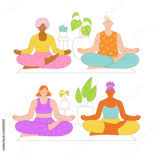 Set of two pairs of women sitting together on the floor in meditation poses. Flat outlined colorful vector illustration.
