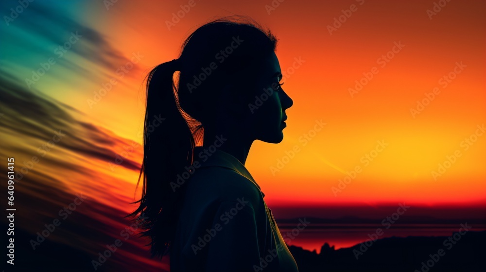 Attractive female Silhouette at Sunset clashing colour background. Generative AI