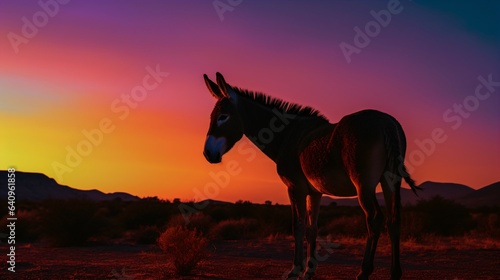 donkey Silhouette on Beautiful Sunset Background. Generative AI © ShadowHero58