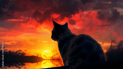 Cat Silhouette on Beautiful Sunset Background. Generative AI