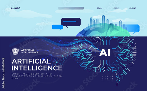 Iceberg AI brain at ocean, (Artificial Intelligence), Deep learning machine learning AI, Technological digital brain concept, vector