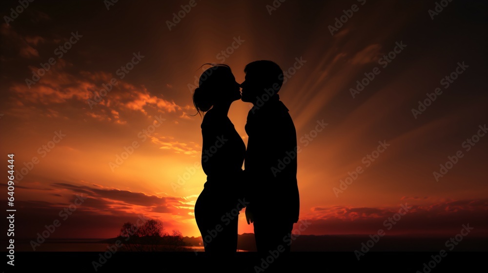 Romantic Kissing Couple Silhouette Against Clashing Colors Background on Sunset. Generative AI