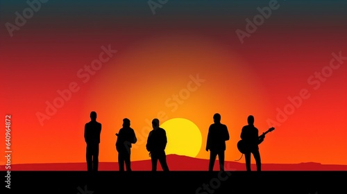 Vibrant Sunset Serenade, Simple Background with Clashing Colors Sets the Stage for The Band. Generative AI