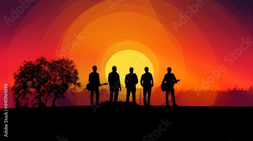 Vibrant Sunset Serenade, Simple Background with Clashing Colors Sets the Stage for The Band. Generative AI