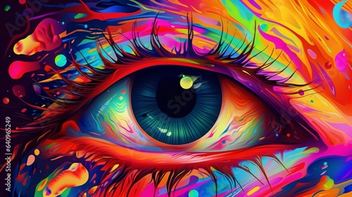 Transcendent Vision, Hyperrealistic Eye in Vivid Colors on a Psychedelic Canvas. Generative AI © ShadowHero