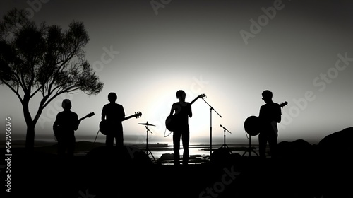 Simplistic Sunset Backdrop, Black and White Palette Sets the Stage for The Band's Performance. Generative AI