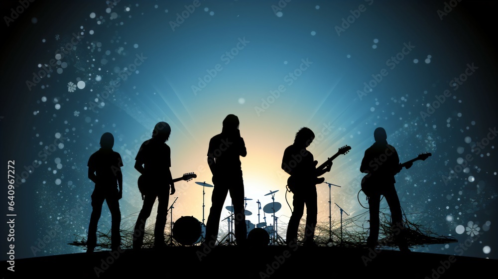 Celestial Rockstar Nigh, Gradient Canvas with Shooting Stars Sets Stage for Silhouetted Band. High-Res Artwork Craftsmanship. Generative AI Celestial Rockstar Nigh, Gradient Canvas with Shooting Stars Sets Stage for Silhouetted Band. High-Res Artwork Craftsmanship. Generative AI