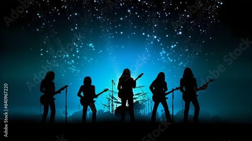 Celestial Rockstar Nigh  Gradient Canvas with Shooting Stars Sets Stage for Silhouetted Band. High-Res Artwork Craftsmanship. Generative AI