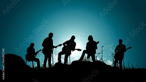 Celestial Rockstar Nigh, Gradient Canvas with Shooting Stars Sets Stage for Silhouetted Band. High-Res Artwork Craftsmanship. Generative AIQ © ShadowHero