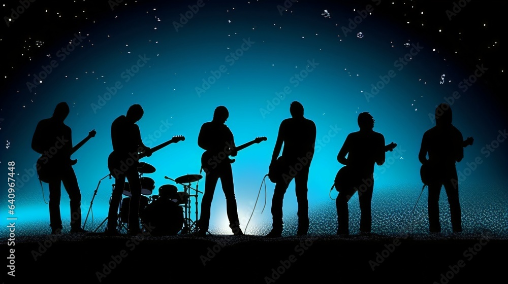 Celestial Rockstar Nigh, Gradient Canvas with Shooting Stars Sets Stage for Silhouetted Band. High-Res Artwork Craftsmanship. Generative AI Celestial Rockstar Nigh, Gradient Canvas with Shooting Stars Sets Stage for Silhouetted Band. High-Res Artwork Craftsmanship. Generative AI