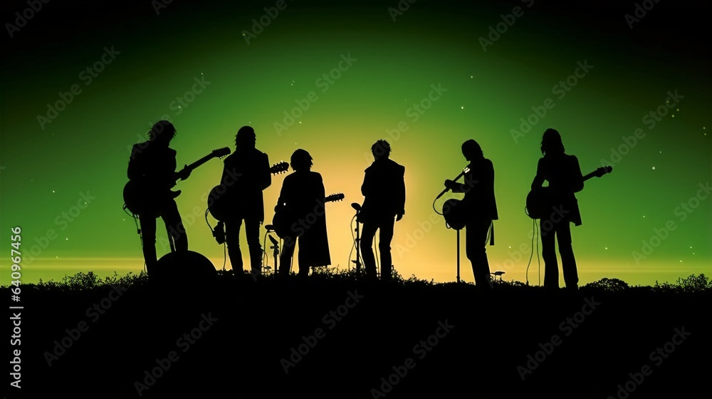Celestial Rockstar Nigh, Gradient Canvas with Shooting Stars Sets Stage for Silhouetted Band. High-Res Artwork Craftsmanship. Generative AI Celestial Rockstar Nigh, Gradient Canvas with Shooting Stars Sets Stage for Silhouetted Band. High-Res Artwork Craftsmanship. Generative AI