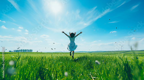 A woman jumps across the meadow with her arms outstretched in joy. photo