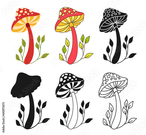 Mushroom psychedelic fantastic fly agaric set. Colored cartoon silhouette shape or symbol doodle tattoo, line ornate surreal spiritual mushrooms. Stylizes retro hippie fungus alchemy vector collection