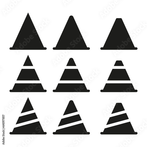Black traffic cone icons set. Vector illustration. EPS 10.