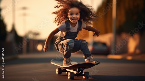 Funny toddler girl riding a skateboard. Generative AI