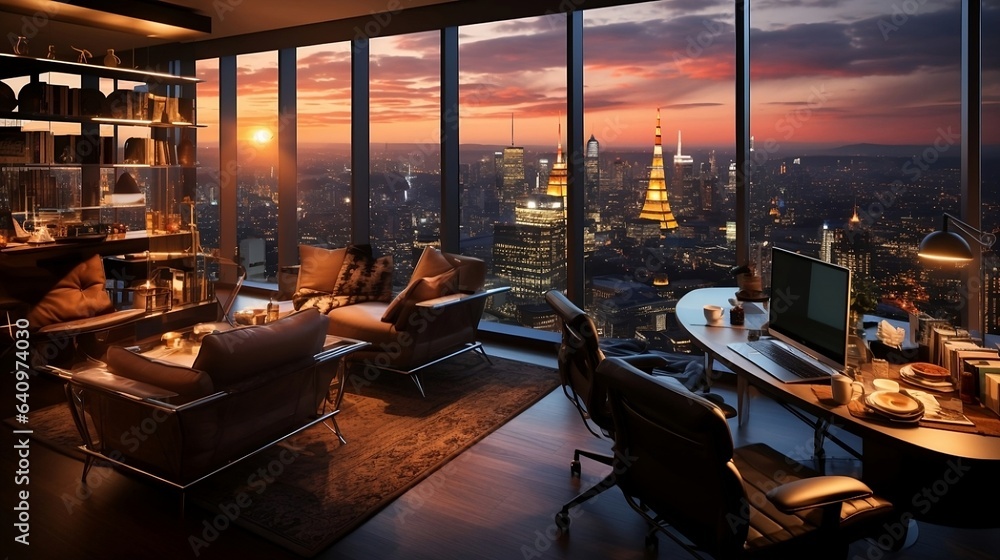 Modern and luxurious office in a beautiful penthouse at sunset