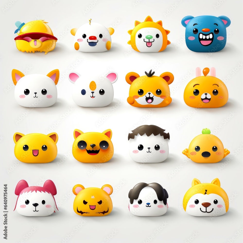 Set of animal faces, face emojis, stickers, emoticons,cartoon funny mascot characters face set Set of animal faces, face emojis, stickers, emoticons,cartoon funny mascot characters face set